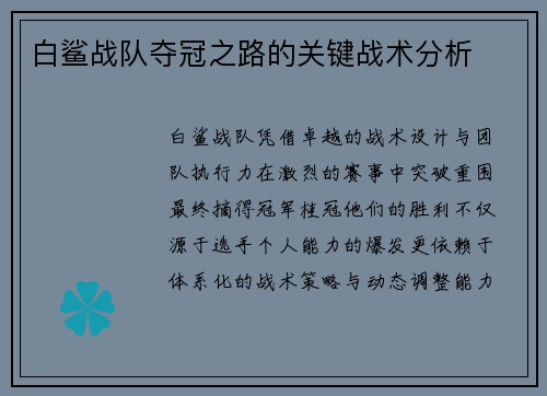 白鲨战队夺冠之路的关键战术分析